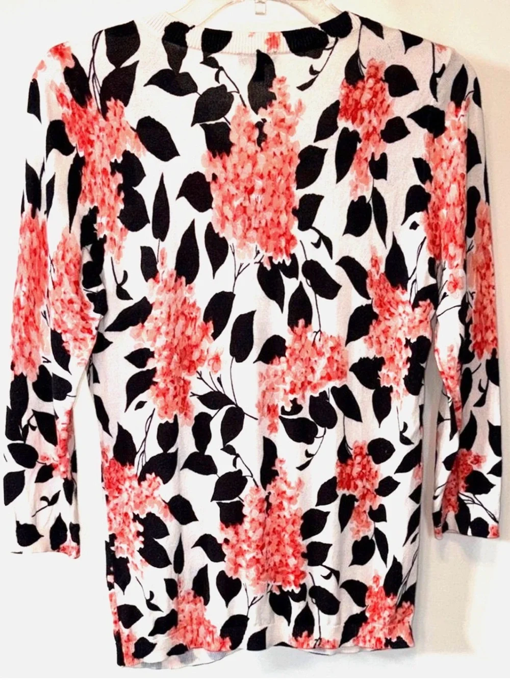 Talbots Floral Button Front Cardigan Small Black White Coral Lightweight Sweater